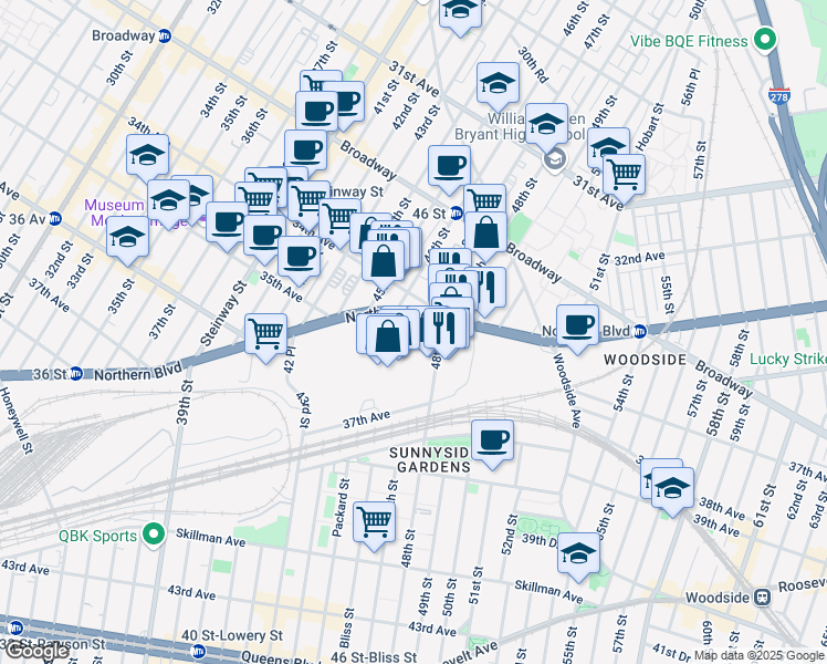 map of restaurants, bars, coffee shops, grocery stores, and more near 4700 Northern Boulevard in Queens