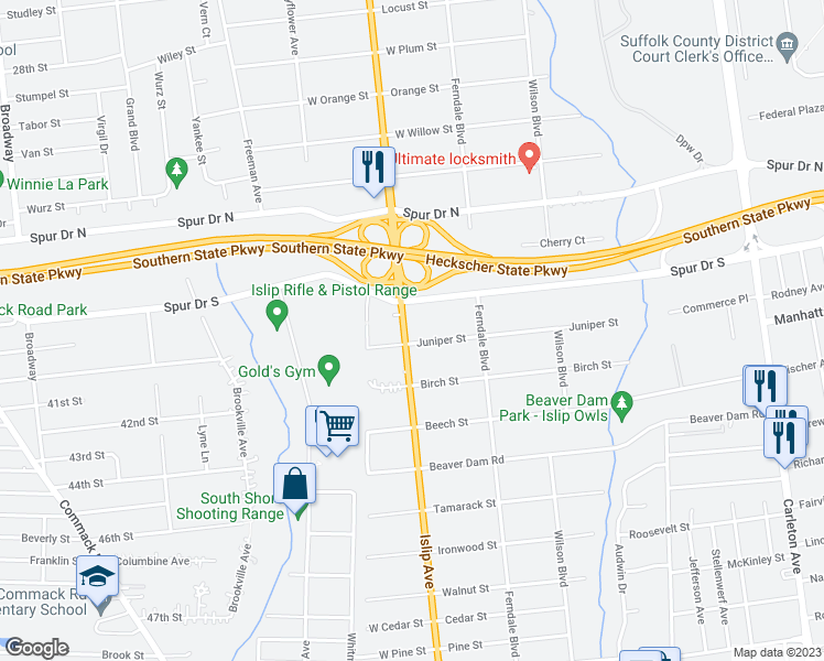 map of restaurants, bars, coffee shops, grocery stores, and more near 545 Islip Avenue in Islip