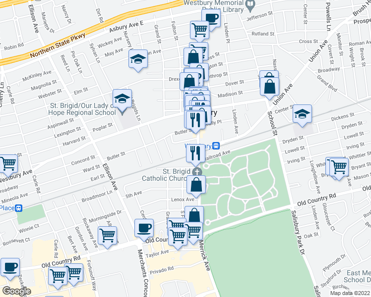 map of restaurants, bars, coffee shops, grocery stores, and more near 239 Orchard Street in Westbury
