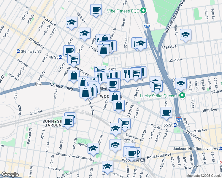 map of restaurants, bars, coffee shops, grocery stores, and more near in Queens