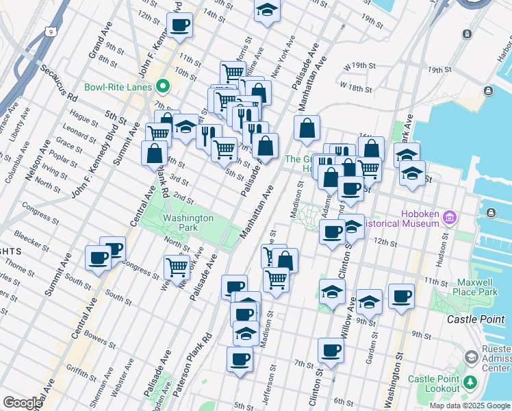 map of restaurants, bars, coffee shops, grocery stores, and more near 454 Manhattan Avenue in Union City