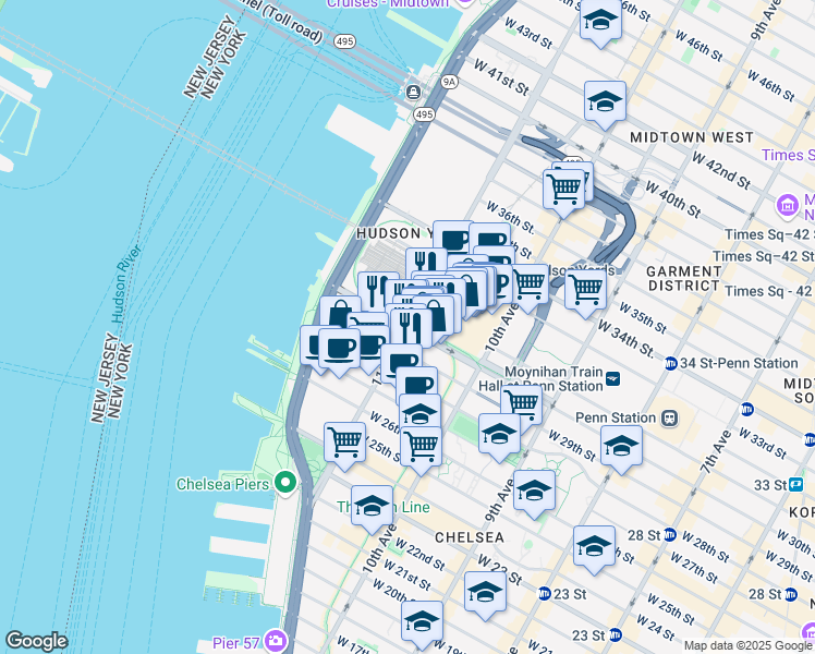 map of restaurants, bars, coffee shops, grocery stores, and more near 11th Ave & W 30th St in New York