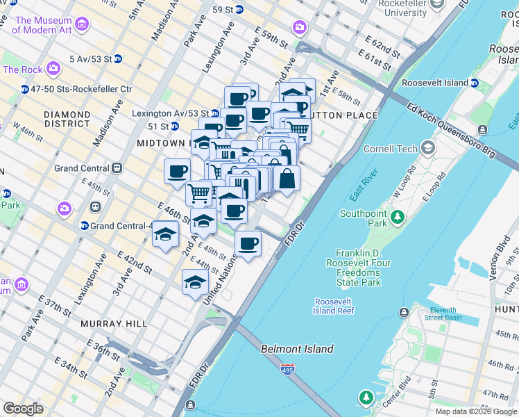 map of restaurants, bars, coffee shops, grocery stores, and more near 319 East 49th Street in New York