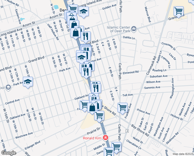 map of restaurants, bars, coffee shops, grocery stores, and more near 70 Winnecomac Avenue in Deer Park