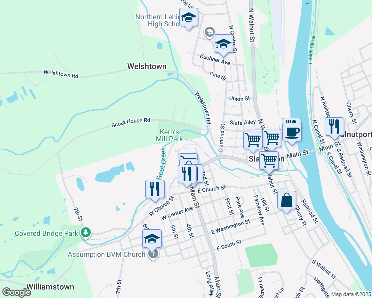 map of restaurants, bars, coffee shops, grocery stores, and more near 34 North Street in Slatington