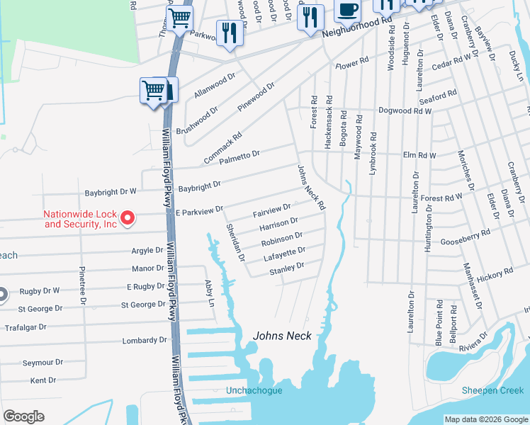map of restaurants, bars, coffee shops, grocery stores, and more near Fairview Drive in Shirley