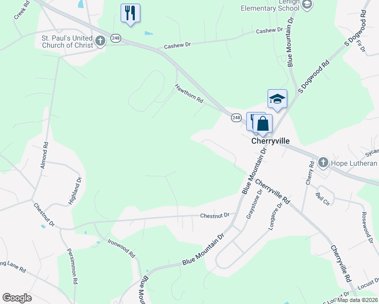 map of restaurants, bars, coffee shops, grocery stores, and more near 686 Stagecoach Drive in Cherryville