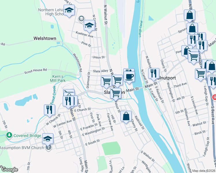 map of restaurants, bars, coffee shops, grocery stores, and more near 219 Chestnut Street in Slatington
