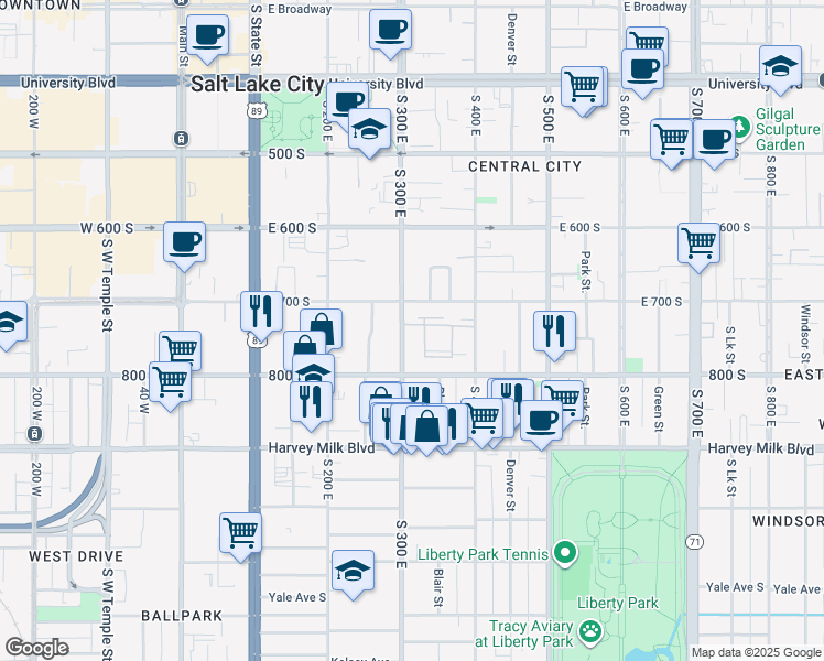 map of restaurants, bars, coffee shops, grocery stores, and more near 731 South 300 East in Salt Lake City