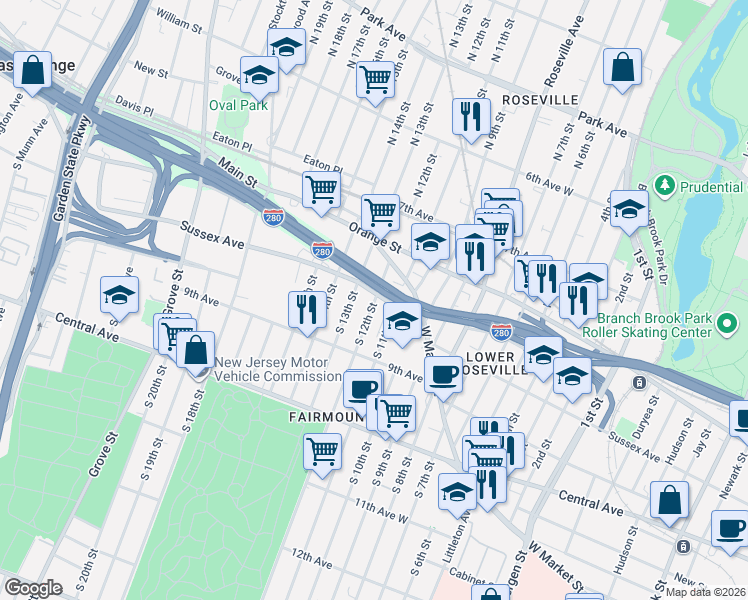 map of restaurants, bars, coffee shops, grocery stores, and more near 26-32 Gould Avenue in Newark