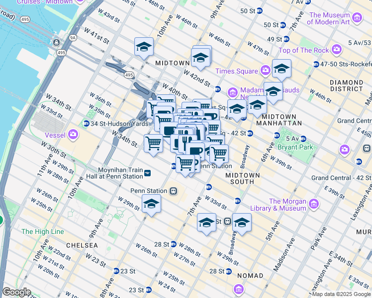 map of restaurants, bars, coffee shops, grocery stores, and more near 265 West 37th Street in New York