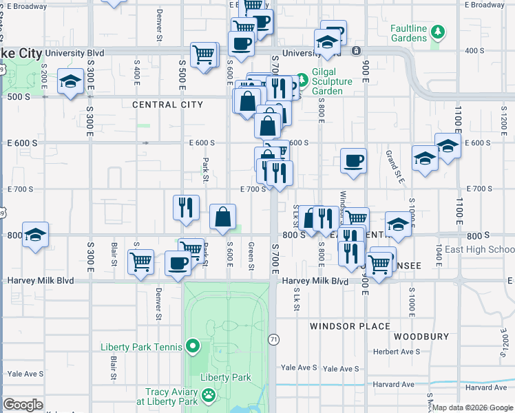 map of restaurants, bars, coffee shops, grocery stores, and more near 726 South 700 East in Salt Lake City
