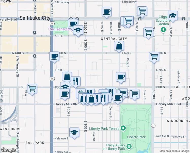 map of restaurants, bars, coffee shops, grocery stores, and more near 360 East 700 South in Salt Lake City