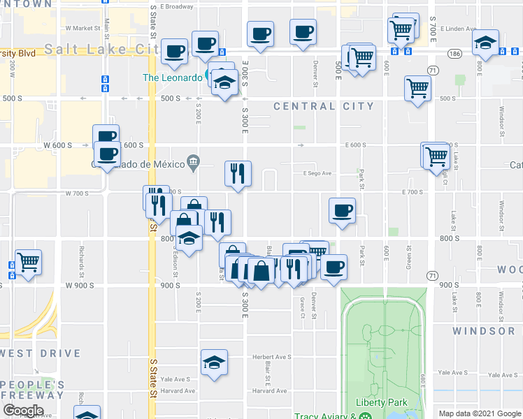 map of restaurants, bars, coffee shops, grocery stores, and more near 306 East 700 South in Salt Lake City