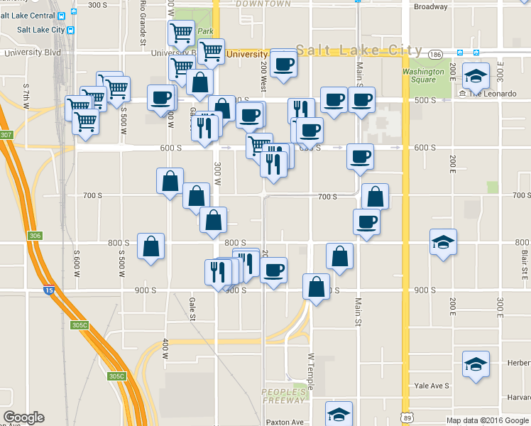 map of restaurants, bars, coffee shops, grocery stores, and more near 725 South 200 West in Salt Lake City