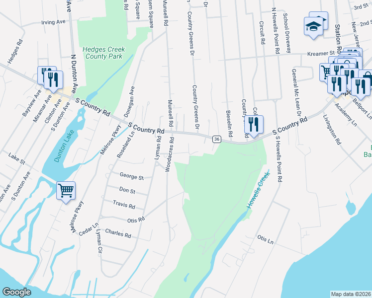 map of restaurants, bars, coffee shops, grocery stores, and more near 47 Oak Road in East Patchogue