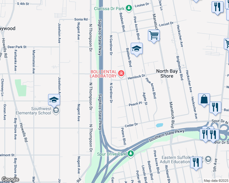 map of restaurants, bars, coffee shops, grocery stores, and more near 1555 North Gardiner Drive in Bay Shore