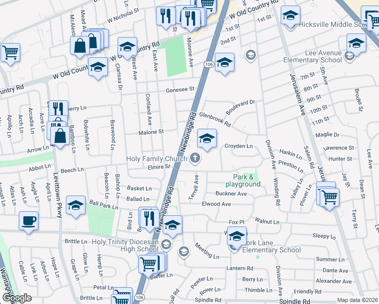 map of restaurants, bars, coffee shops, grocery stores, and more near in Hicksville