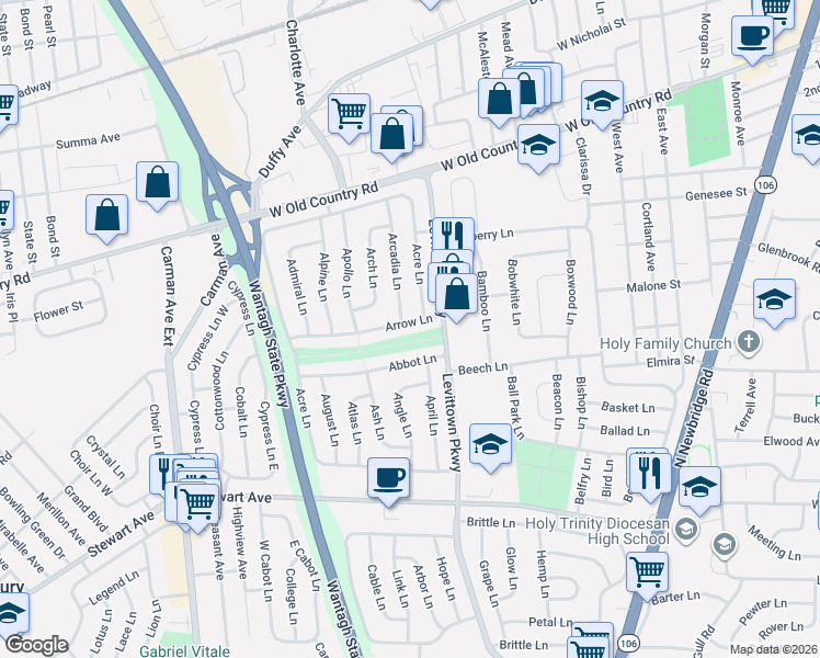 map of restaurants, bars, coffee shops, grocery stores, and more near 68 Arrow Lane in Hicksville