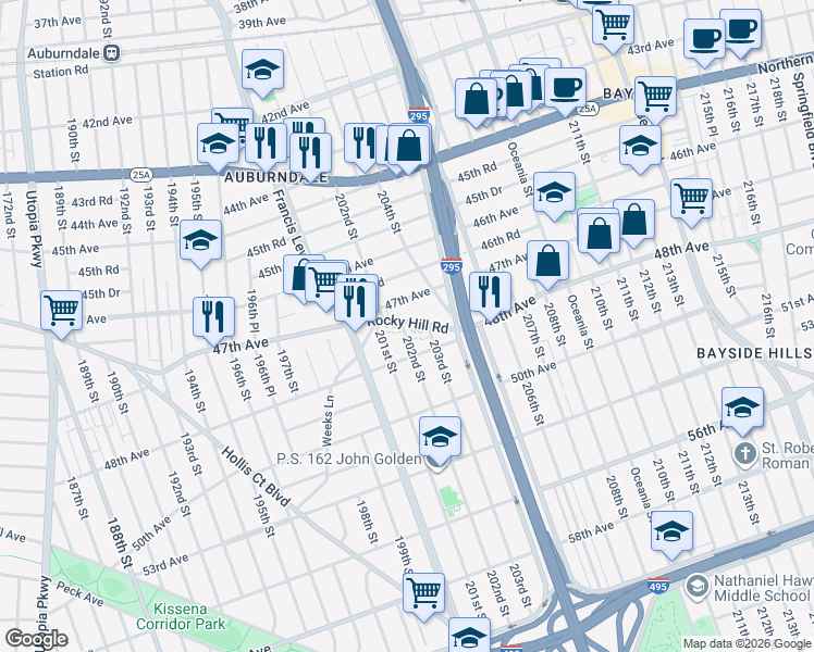 map of restaurants, bars, coffee shops, grocery stores, and more near 47-29 203rd Street in Queens