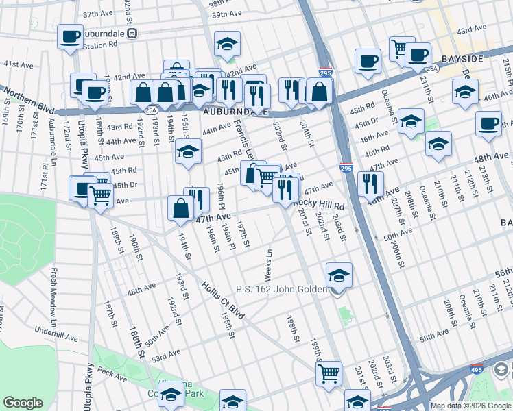 map of restaurants, bars, coffee shops, grocery stores, and more near 198-15 47th Avenue in Queens