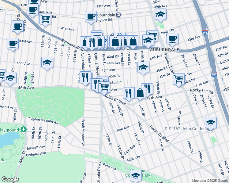 map of restaurants, bars, coffee shops, grocery stores, and more near 18910 46th Avenue in Queens