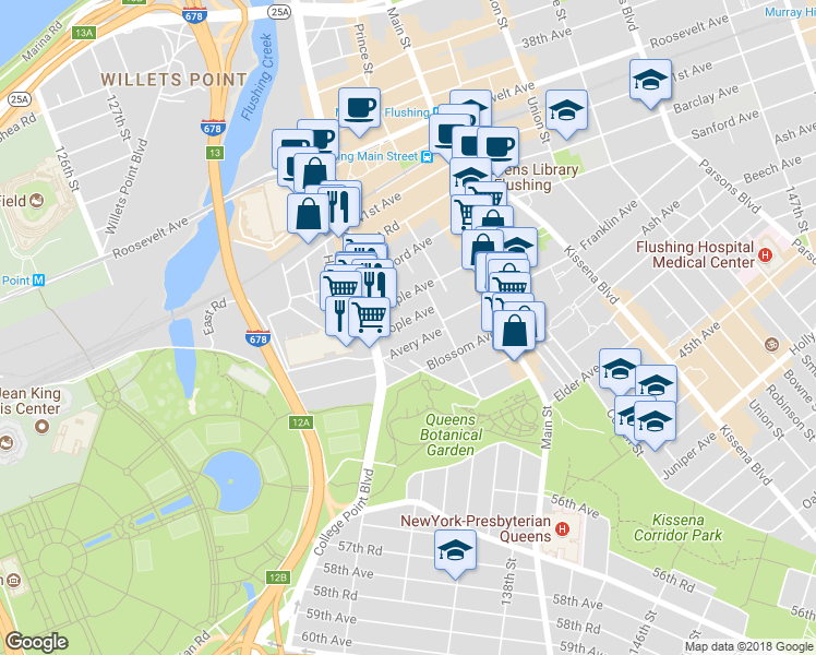 map of restaurants, bars, coffee shops, grocery stores, and more near 132-35 Pople Avenue in Queens