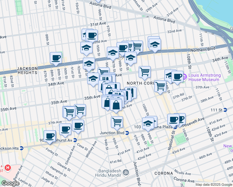 map of restaurants, bars, coffee shops, grocery stores, and more near 3501 97th Street in Queens