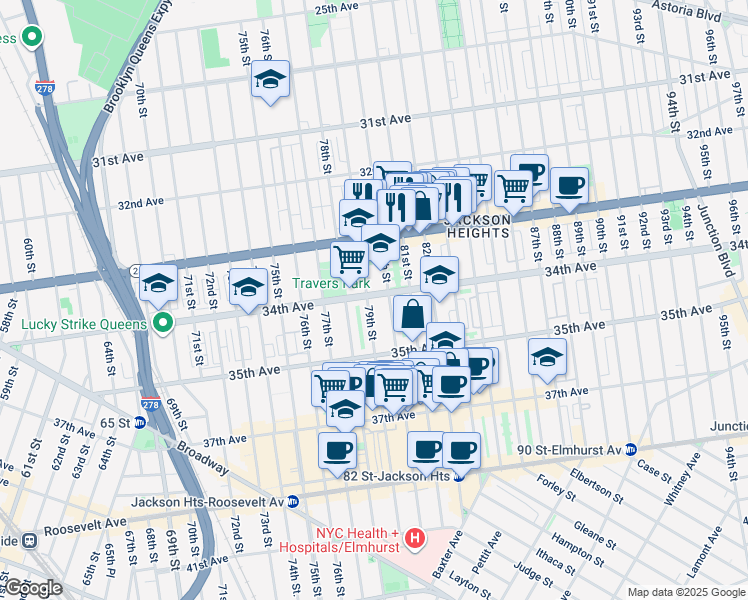 map of restaurants, bars, coffee shops, grocery stores, and more near 34-05 80th Street in Queens