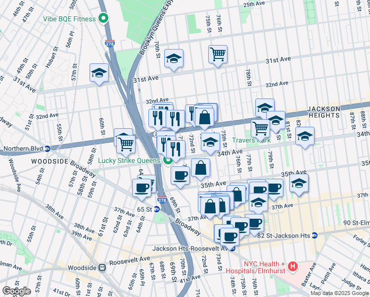 map of restaurants, bars, coffee shops, grocery stores, and more near 33-34 72nd Street in Queens