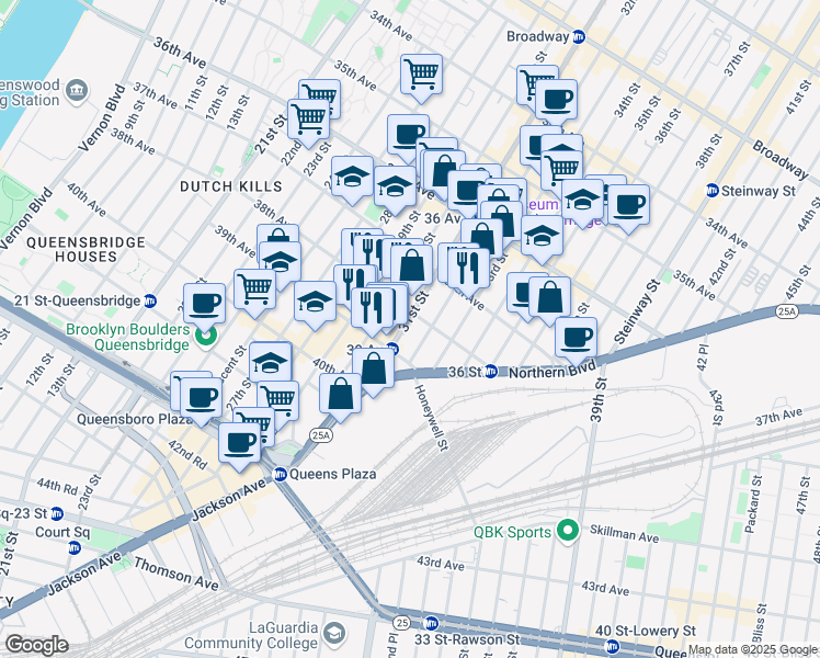 map of restaurants, bars, coffee shops, grocery stores, and more near 38-03 31st Street in Queens