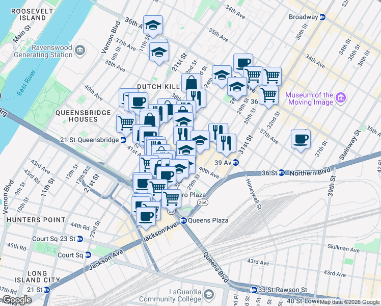 map of restaurants, bars, coffee shops, grocery stores, and more near 39-31 27th Street in Queens
