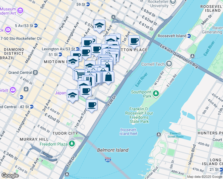 map of restaurants, bars, coffee shops, grocery stores, and more near 427 East 50th Street in New York