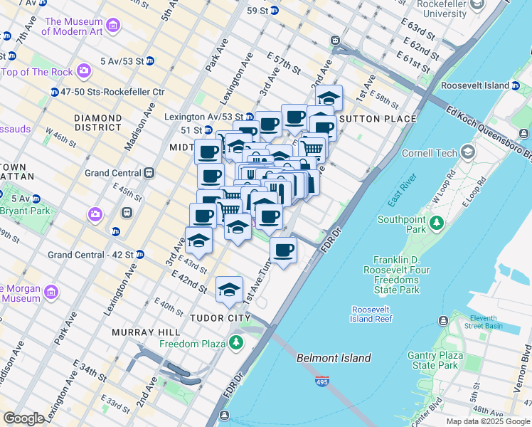 map of restaurants, bars, coffee shops, grocery stores, and more near 320 East 49th Street in New York