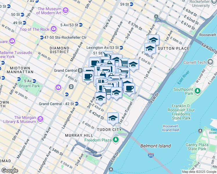 map of restaurants, bars, coffee shops, grocery stores, and more near 240 East 47th Street in New York