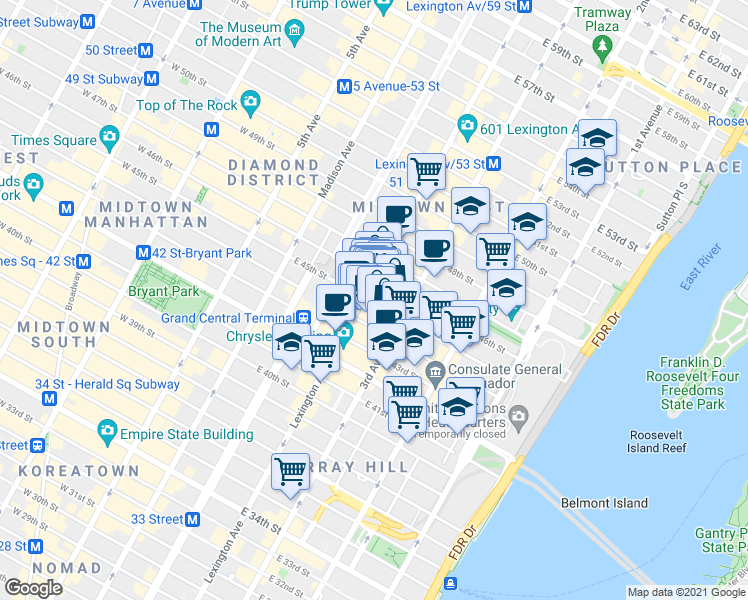 map of restaurants, bars, coffee shops, grocery stores, and more near in New York