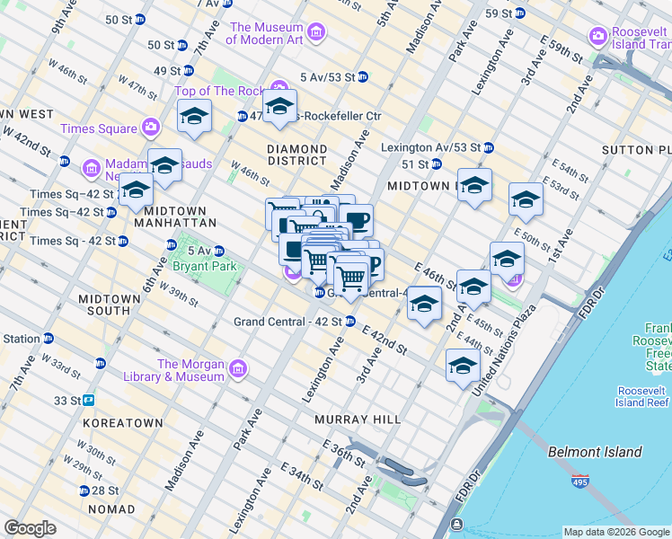 map of restaurants, bars, coffee shops, grocery stores, and more near 89 East 42nd Street in New York