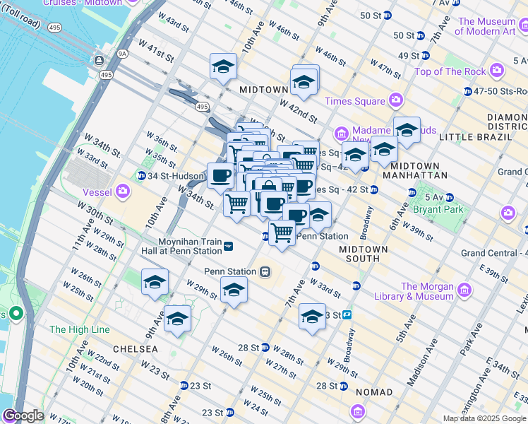 map of restaurants, bars, coffee shops, grocery stores, and more near 314 West 36th Street in New York