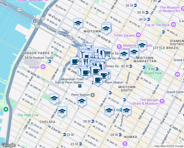 map of restaurants, bars, coffee shops, grocery stores, and more near 334 West 36th Street in New York