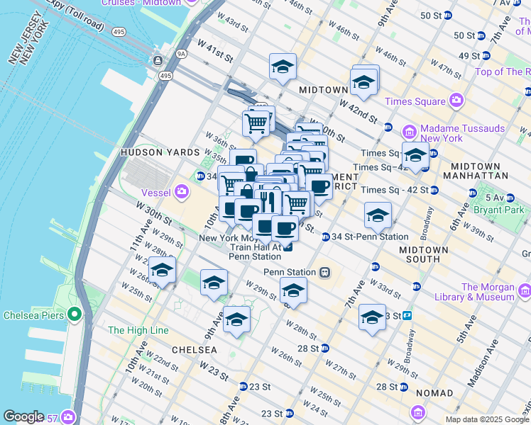 map of restaurants, bars, coffee shops, grocery stores, and more near 369 West 34th Street in New York