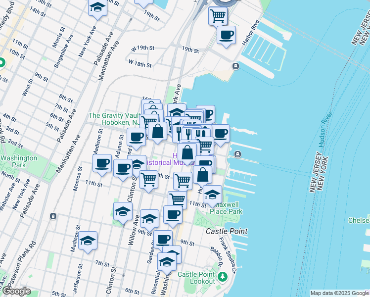 map of restaurants, bars, coffee shops, grocery stores, and more near 108 14th Street in Hoboken