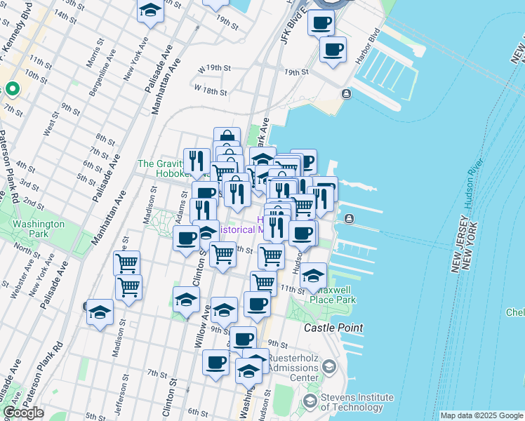 map of restaurants, bars, coffee shops, grocery stores, and more near 201 14th Street in Hoboken