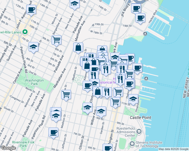 map of restaurants, bars, coffee shops, grocery stores, and more near 352 13th Street in Hoboken