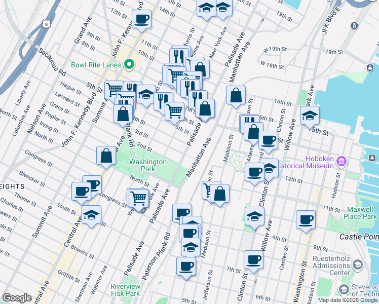 map of restaurants, bars, coffee shops, grocery stores, and more near 307 Palisade Avenue in Union City