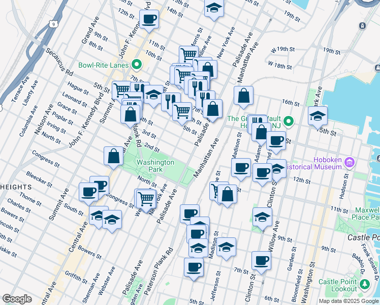 map of restaurants, bars, coffee shops, grocery stores, and more near 307 Palisade Avenue in Union City