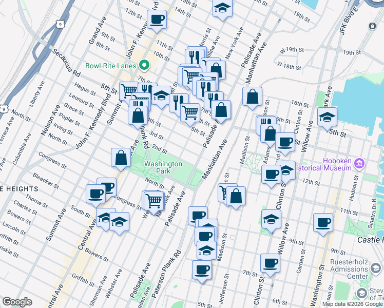 map of restaurants, bars, coffee shops, grocery stores, and more near 307 Palisade Avenue in Union City