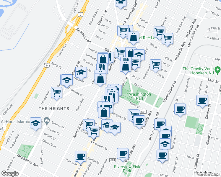 map of restaurants, bars, coffee shops, grocery stores, and more near 34 Irving Street in Jersey City