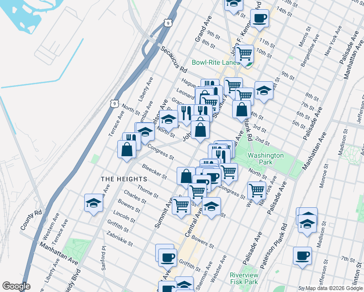 map of restaurants, bars, coffee shops, grocery stores, and more near 3592 John F. Kennedy Boulevard in Jersey City