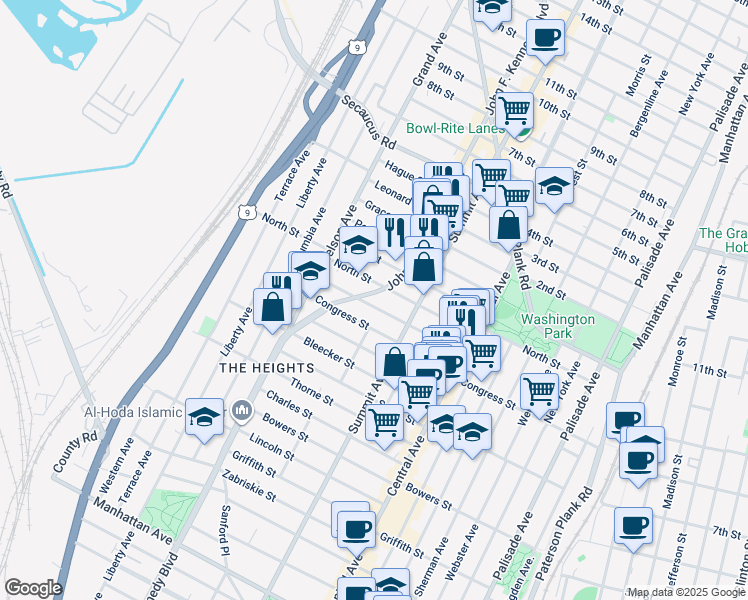 map of restaurants, bars, coffee shops, grocery stores, and more near 3592 John F. Kennedy Boulevard in Jersey City