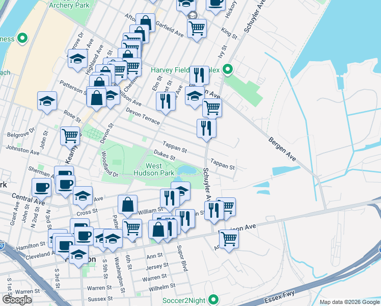 map of restaurants, bars, coffee shops, grocery stores, and more near 153 Tappan Street in Kearny